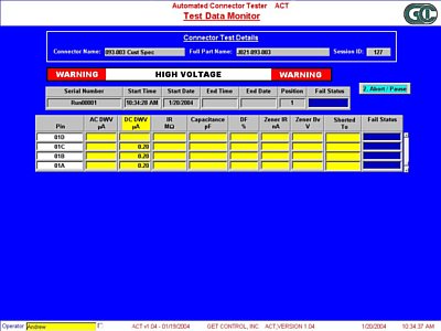 Screenshot of Automated Connector Tester - Test Data Monitor menu